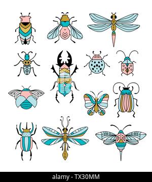 Bug, insetti, Butterfly, Ladybug, coleotteri, a coda di rondine, dragonfly collezione. Moderno set di icone, i simboli e le illustrazioni Illustrazione Vettoriale