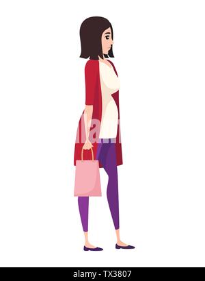 Donna incinta con carta shopping bag cartoon character design piatto illustrazione vettoriale Illustrazione Vettoriale