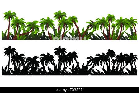 Silhouette di nero e colorato palme con piante tropicali piatto modello illustrazione vettoriale su sfondo bianco Illustrazione Vettoriale