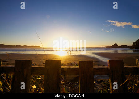 Giovane con il cane a camminare sulla splendida spiaggia dell'oceano al tramonto, Tofino, British Columbia, Canada, Foto Stock