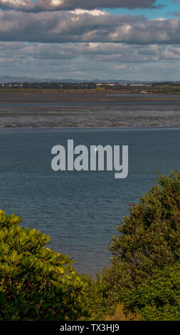 Long range immagine verticale di Manukau paesaggio del porto di Auckland Nuova Zelanda girato durante un giorno nuvoloso Foto Stock