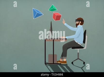 Uomo con la realtà virtuale simulator bicchieri guardando 3D forme geometriche Foto Stock