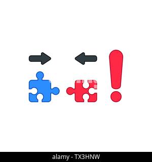 Icona vettore concetto di due pezzi di giallo e blu jigsaw pezzi di un puzzle che non sono compatibili gli uni con gli altri e il punto esclamativo rosso. Outl colorati Illustrazione Vettoriale