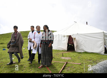 (190624) -- MAQU, Giugno 24, 2019 (Xinhua) -- aiuto medico ai membri del team di Chen Zhifang(2 L) e Chen Weiyu(2 R) a parlare con la gente del posto in Maqu contea di Gannan tibetano prefettura autonoma, a nord-ovest della Cina di Provincia di Gansu, il 23 giugno 2019. Gansu secondo provinciale del popolo ospedale ha inviato oltre 30 medici in quattro lotti per fornire aiuto medico nella contea di Maqu sin dalla fine del 2015. I medici ha superato le difficoltà di malessere da altitudine e scomodo il trasporto durante il trattamento di pazienti sui prati dell'altopiano. Aver servito quasi 10 000 persone finora, il team medico ha risolto il problema di herder Foto Stock