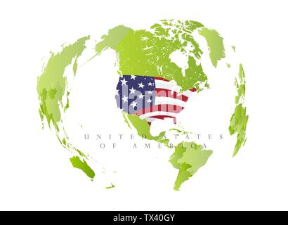 Regno Satates di America sulla mappa verde, membro nel centro della terra, effetto fisheye. Isolato illustrazione vettoriale su sfondo bianco. Illustrazione Vettoriale