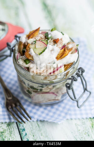 Bicchiere di patate fritte con insalata di cetrioli, radicchio rosso, cipolline e maionese dressing di yogurt Foto Stock