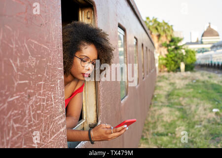 Giovane donna controllando il suo telefono in corrispondenza della finestra di un treno Foto Stock