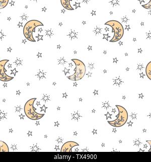 Seamless pattern con un simpatico la luna e le stelle su sfondo bianco. Buona notte illustrazione vettoriale Illustrazione Vettoriale