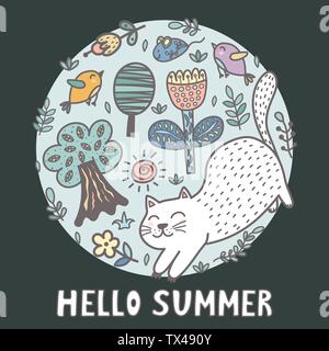 Ciao estate stampa con una cute cat. Scheda divertenti. Illustrazione Vettoriale Illustrazione Vettoriale