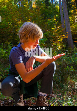 Ragazzo che guarda a rana in mano Foto Stock