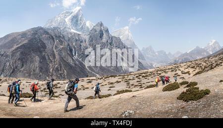 Il Nepal, Solo Khumbu, Everest, gruppo di mounaineers escursionismo a Dingboche Foto Stock