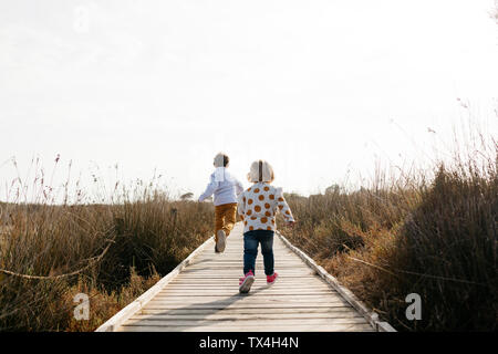 Vista posteriore di due bambini piccoli in esecuzione sul Boardwalk Foto Stock