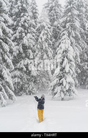 Finlandia, Kuopio, donna la cattura di fiocchi di neve in inverno forest Foto Stock