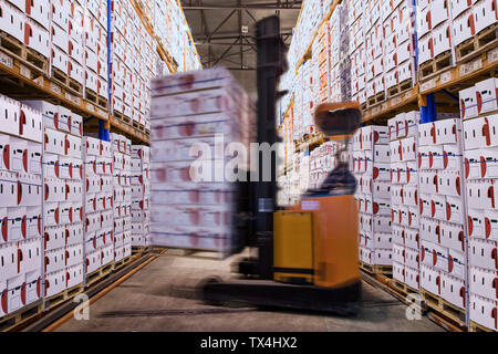 Spostando il carrello elevatore in sala di fabbrica scatole di caricamento Foto Stock