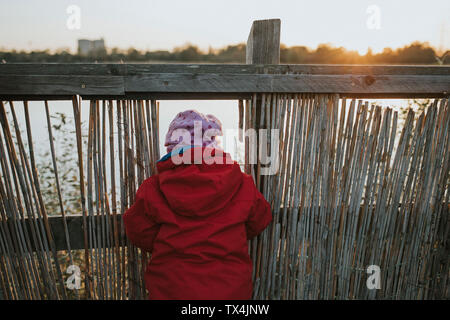 Vista posteriore del toddler girl in vestiti caldi in un lago Foto Stock