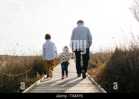 Vista posteriore del nonno e nipoti passeggiando mano nella mano sul lungomare Foto Stock