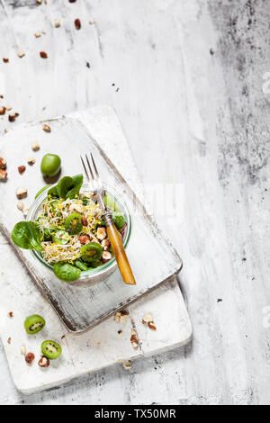 La quinoa con insalata di agnello, lattuga, cavolo, mini kiwi e nocciole Foto Stock