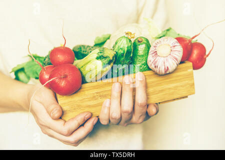 Close up di mani femminili azienda scatola di legno con la coltura stagionale di verdure, vegan set, cibo sano concetto. Foto Stock