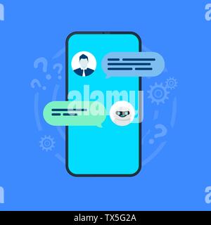 Illustrazione chatbot. Smartphone con utente e robot in chat sulla schermata. Vettore Illustrazione Vettoriale