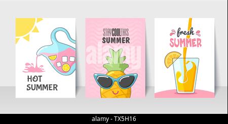 Set di vettore di brillanti carte d'estate. Bella estate poster con cocktail, ananas con occhiali da sole e la brocca limonata. Ufficiale carte. Le illustrazioni fo Illustrazione Vettoriale