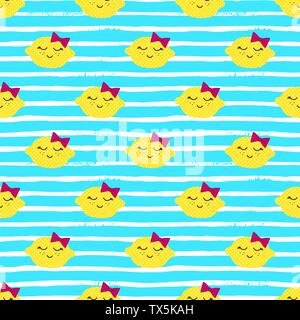 Limoni Kawaii Pattern. Vector seamless Texture di felice il giallo dei limoni su uno sfondo a strisce. Può essere utilizzato per la carta da parati, tessuti, carta da imballaggio, po Illustrazione Vettoriale