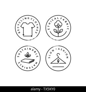 Imposta icona lineare lenta di moda. Il logo del vettore, badge per eco-fabbricazione. Simbolo del naturale e abbigliamento di qualità. Il riciclaggio di vestiti. Conscio Illustrazione Vettoriale