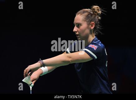 Minsk, Bielorussia. Il 24 giugno 2019. Kirsty Gilmour (GBR) svolge nel gruppo fasi del Badminton concorrenza al 2° European games. Minsk Arena. Credito: Sport In immagini/Alamy Live News Foto Stock