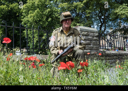 Noi Airborne Soldier (Re-Enactor) Circondato da papaveri, Barnard Castle, 1940's Weekend, 2019, Teesdale, County Durham, Regno Unito. Foto Stock