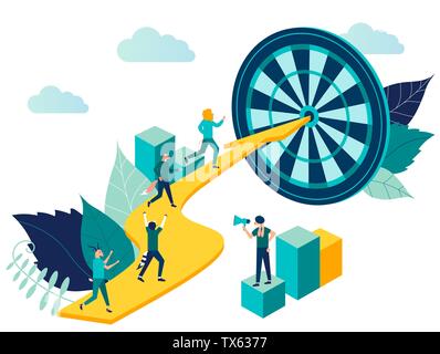 Spostare in alto la motivazione, il percorso verso il bersaglio per il raggiungimento illustrazione vettoriale. Persone corrono al loro obiettivo sulla colonna del concetto di colonne. Illustrazione Vettoriale