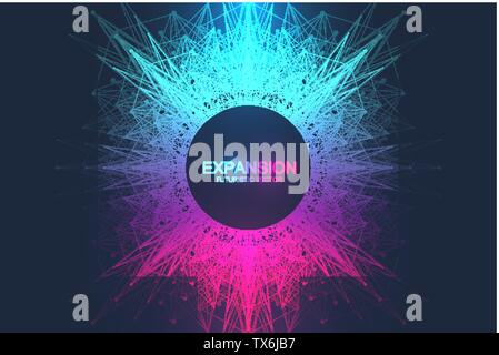 Espansione della vita. Esplosione colorata lo sfondo con la linea collegata e puntini, flusso d'onda. Visualizzazione tecnologia quantistica. Grafica astratta Illustrazione Vettoriale