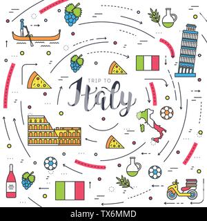 Paese Italia travel vacation guide delle merci, i luoghi e le funzioni. Set di architettura, la moda, le persone, gli elementi della natura il concetto di sfondo. Una infografica modello di progettazione per il web e mobile su linee sottili Illustrazione Vettoriale