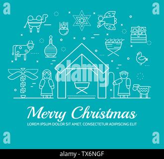 Buon Natale a linea sottile piatto icone Imposta sfondo. Delineare la nascita di Cristo lo sfondo dell'illustrazione concept Illustrazione Vettoriale