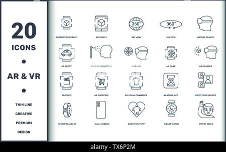 Icone visive del dispositivo insieme di raccolte. Include elementi creativi come realtà aumentata, 360 visualizzazioni, 360 visualizzazioni, realtà virtuale, realtà aumentata Illustrazione Vettoriale