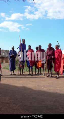 Olpopongi, Kilimnjaro Provincia / Tanzania: 29. Dicembre 2015: Tanzania Masai tribù in abbigliamento tradizionale in Olpopongi Villaggio Culturale perfor Foto Stock