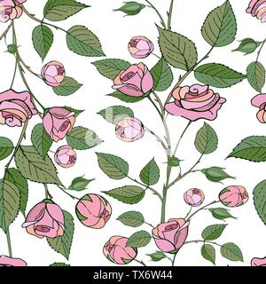 Vector seamless pattern. Infinite texture con disegnati a mano rami di rose. Rose, boccioli di rosa e foglie isolate su uno sfondo bianco. Gli elementi del vettore in Illustrazione Vettoriale