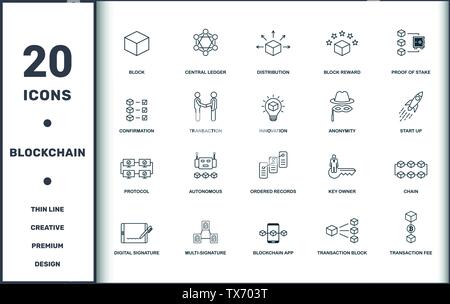 Set Blockchain raccolta di icone. Include elementi semplici come il blocco centrale, Ledger, distribuzione, blocco ricompensa, prova del picchetto, autonomo e Illustrazione Vettoriale