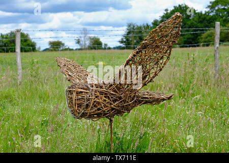 RSPB Riserva Naturale, Pulborough Brooks, West Sussex, Regno Unito. Willow la scultura di un Barbagianni (Tyto alba) volando a bassa quota sopra i campi. Foto Stock