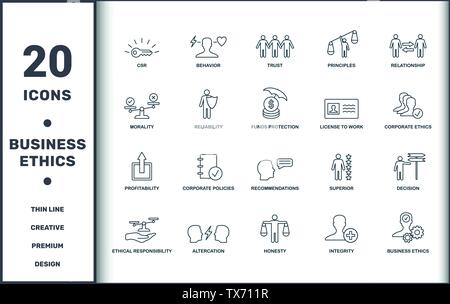 Insieme di icone di etica aziendale. Include elementi creativi quali CSR, comportamento, fiducia, principi, relazione, politiche aziendali e. Illustrazione Vettoriale