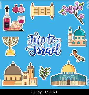 Paese Israele travel vacation guide delle merci, i luoghi e le funzioni. Set di architettura, la moda, le persone, gli elementi della natura il concetto di sfondo. Infografico design modello sul piatto stile adesivo Illustrazione Vettoriale