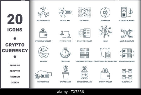 Crypto Currency Icons raccolta di set di linee sottili. Include elementi creativi come decentralizzati, chiave digitale, cifrati, etereo, etereo mining Foto Stock