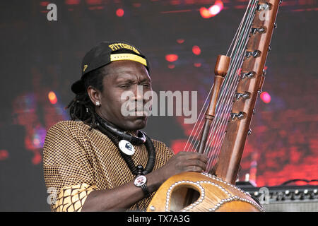 Il musicista Felix Ngindu si esibisce con la Carloud band, suonando un tamburo a corda di Khim; o Kora, un liuto di 21 corde-arpe dell'Africa Oye a Sefton Park Liverpool, Regno Unito Foto Stock