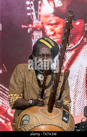 Il musicista Africab Felix Ngindu suona con la band Carloud, suonando un tamburo a corda Khim; o Kora, un liuto di arpa ad arco dell'Africa Oye del West African 21 a Sefton Park Liverpool, Regno Unito Foto Stock