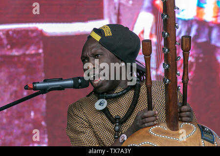 Il musicista Africab Felix Ngindu suona con la band Carloud, suonando un tamburo a corda Khim; o Kora, un liuto di arpa ad arco dell'Africa Oye del West African 21 a Sefton Park Liverpool, Regno Unito Foto Stock