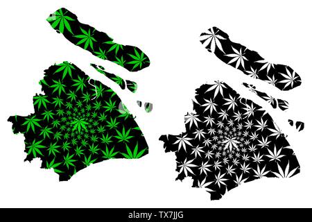 Shanghai (divisioni amministrative della Cina, Repubblica Popolare Cinese Repubblica Popolare Cinese) mappa è progettato Cannabis leaf verde e nero, Shanghai mappa fatta Illustrazione Vettoriale