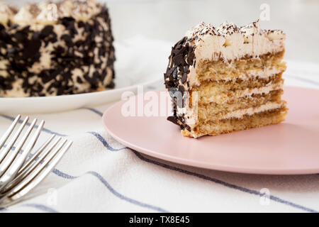 Una fetta di torta tiramisù su una piastra di rosa, vista laterale. Close-up. Foto Stock