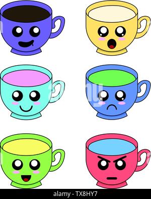 Tazza di emoticon insieme con le guance e gli occhi isolati su sfondo bianco. Kawaii colorata Doodle tazze di carattere nel design del grasso con graziosi Anime volti. Vettore Illustrazione Vettoriale