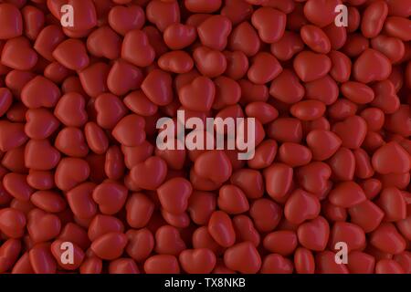 Sfondo di colore rosso lucente cuori sparsi in una maniera caotica. 3D Foto Stock