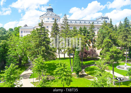 Il Palazzo Patriarcale verde con bellissimi giardini del parco in un giorno d'estate. Architettura neo-classica a Bucarest, in Romania. Foto Stock