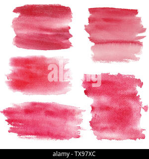 Acquerello vernice rossa brushtrokes texture raster set. Acquerello crimson disegnati a mano i tratti di pennello macchia. Gradiente ombre acqua sullo sfondo di disegno. Aqua Foto Stock