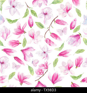 Fiori, foglie e farfalle disegnati a mano acquerello seamless pattern. Fiore di Magnolia texture raster. Fiori di Primavera su sfondo bianco. Estate Foto Stock